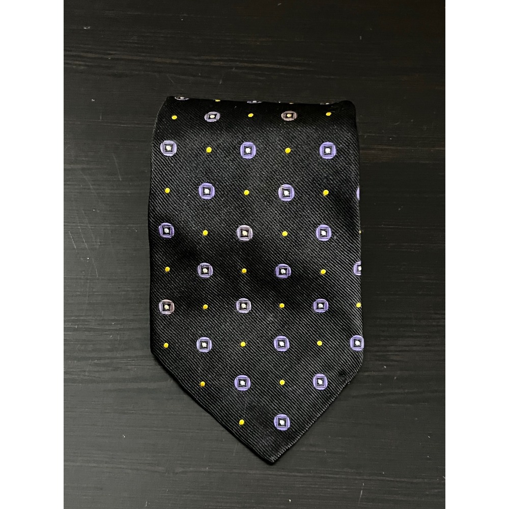 Lauren Ralph Lauren Mens Silk Tie Black Purple Yellow Geometric Medallion USA